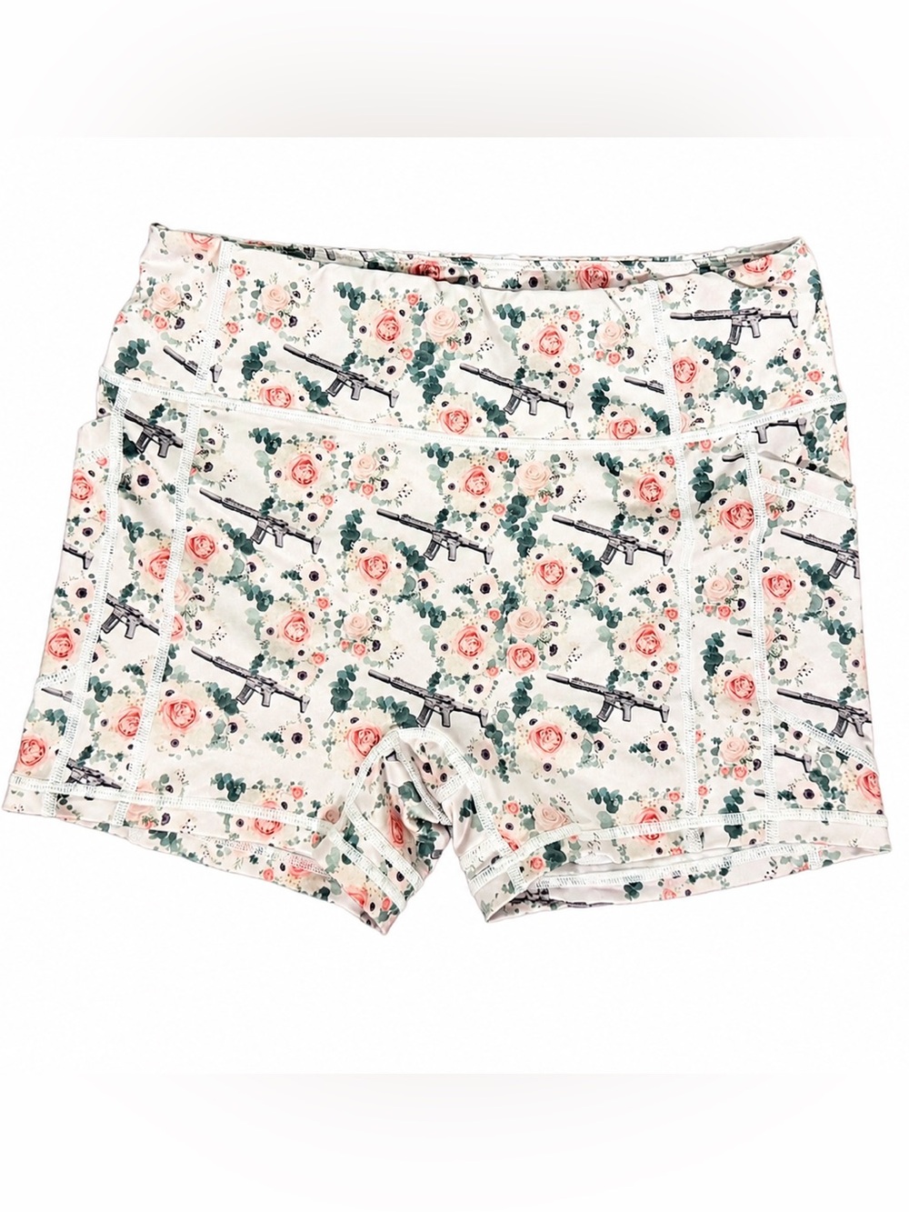 Women’s Floral & Rifle Print Athletic Compression Shorts High Waist Size Medium